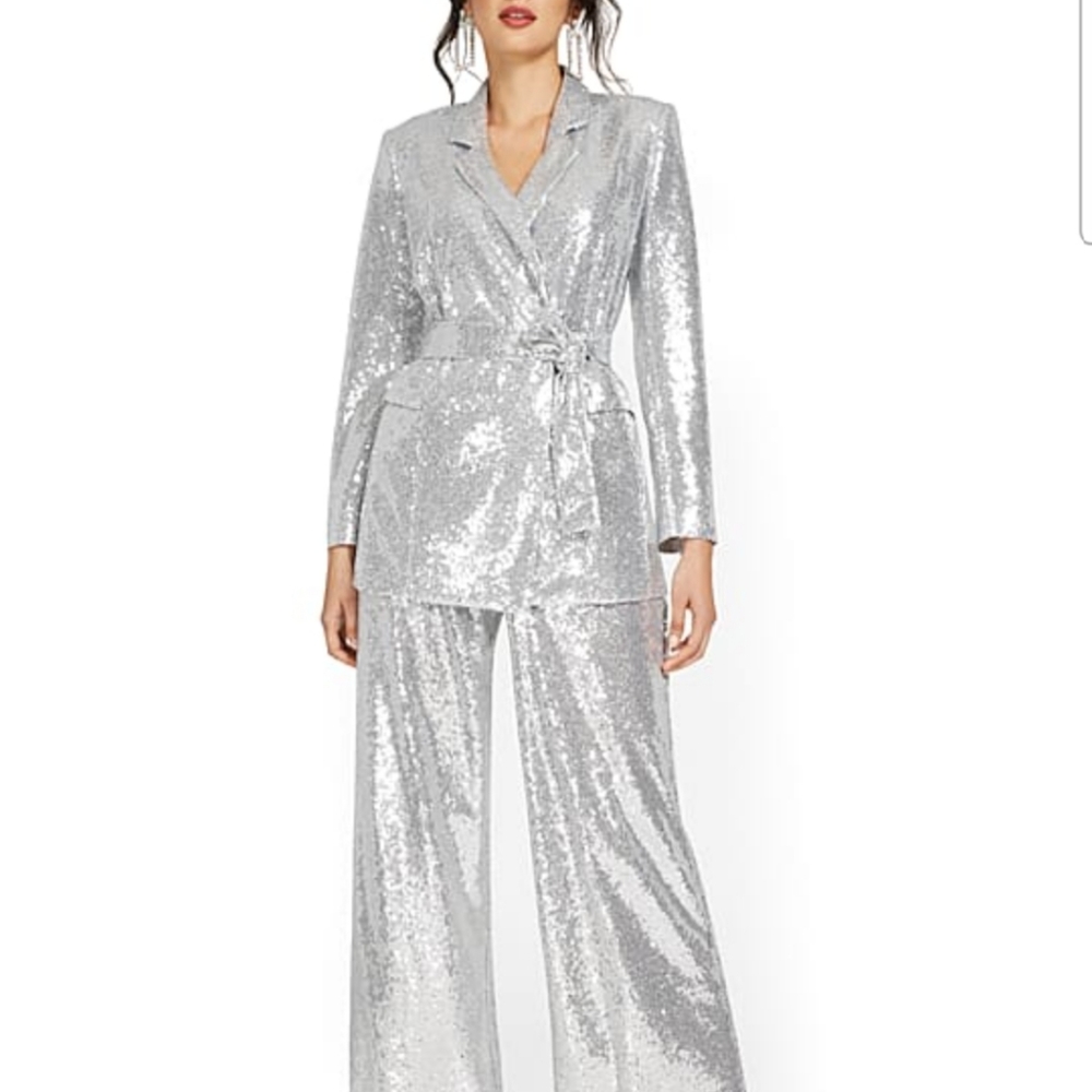 New York & Company NY&CO Sequin Pants Suit Set Silver L